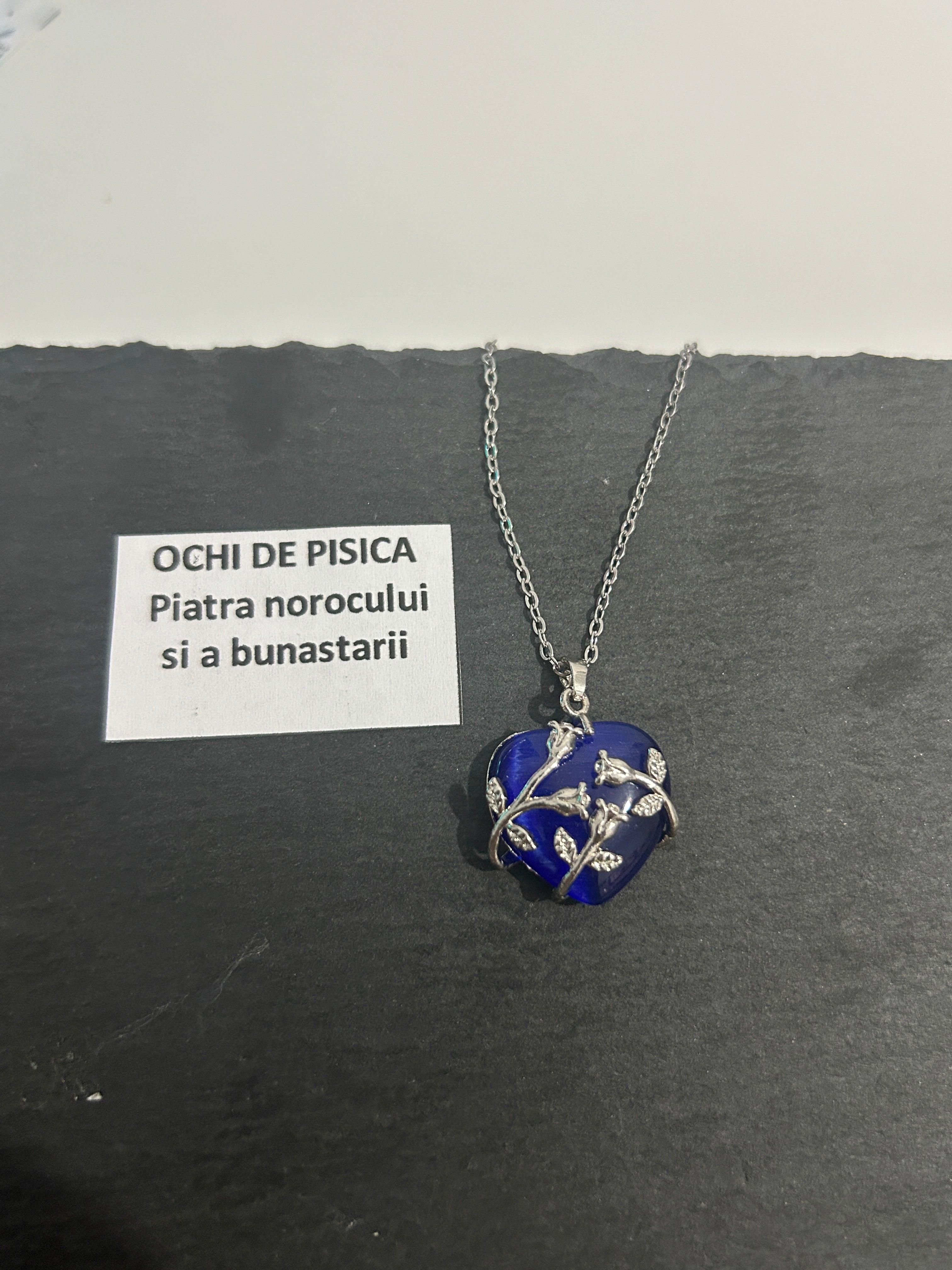 Colier inima Ochi de pisică albastru cobalt